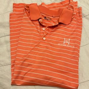 Mens “hunter ranch” golf polo in orange w/ white stripes. Size XL. Short sleeve